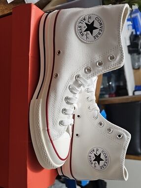 Converse White High Top Vintage Sneakers with Red & Navy Trim